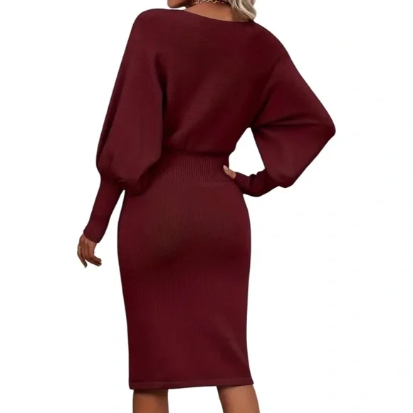 Women’s Solid Color Lantern Sleeve Waist Sweater Dress - Picture 4 of 8